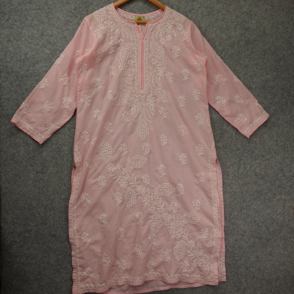 Indian Kurti Tunic Top Womens L Pink Kurta Chikankari Embroidered Boho Long ADA